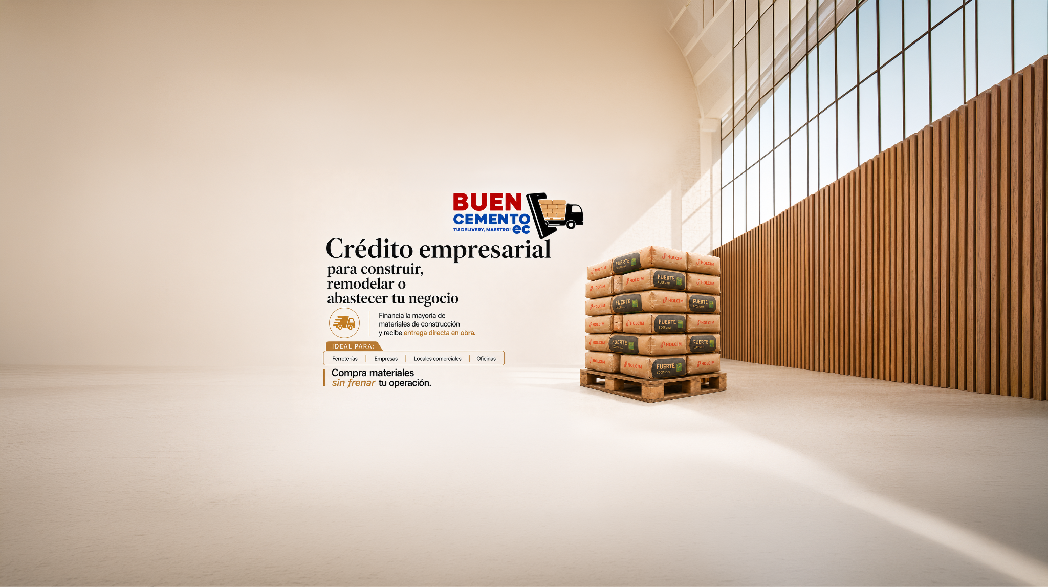 Pallets de sacos de cemento en bodega con arquitectura y almacenamiento seguro